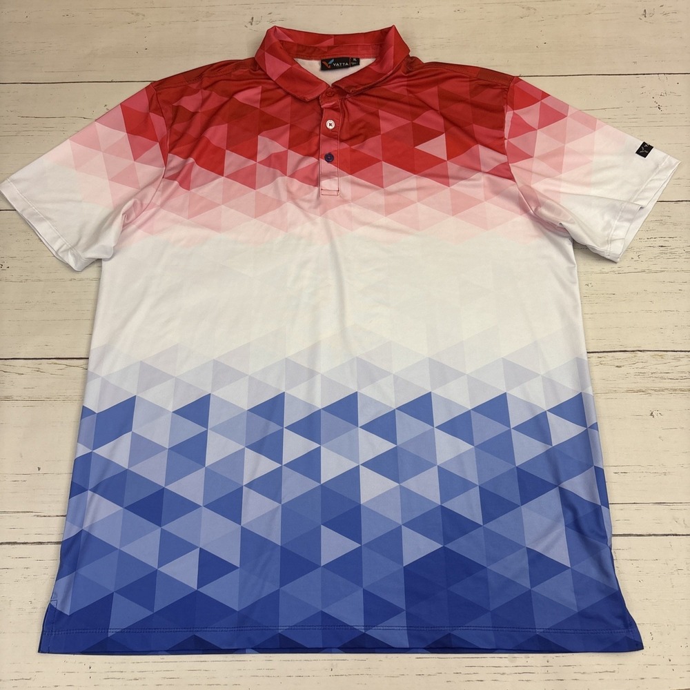 Yatta Golf Polo Shirt Mens Large Red White Blue Geometric Ombre